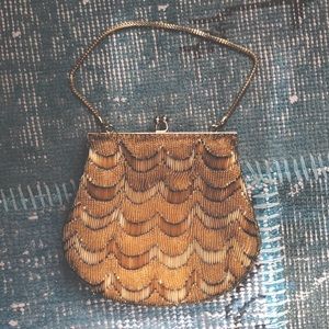 WALBORG hand-beaded scalloped gold bead evening bag EUC